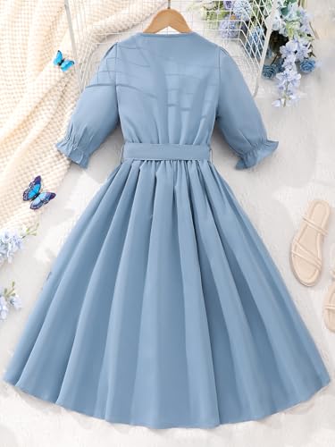 New 8-12Years Girls Midi Dress Puff Sleeve A-Line Tie Waist Button Front Casual Party School4