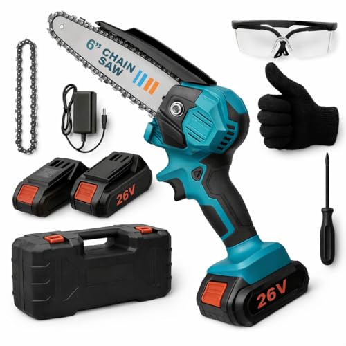 Mini Motosega a Batteria 26V per Potatura 6000mAh, 6 Pollici Motosega Elettrica con 2 Batterie, Sega Elettrica per Potatura Con Pompetta Olio e Blocco di Sicurezza per il Taglio del Legno e Giardini