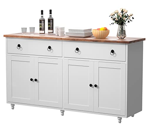 Buffet Cabinet Storage Sideboard with 2 Drawers and 4 Doors, 55" Modern Coffee Bar Cabinet with Storage, Credenza Kitchen Buffets Sideboards Cabinet Console Table for Dining Living Room, White Buffet Cabinet Storage Sideboard with 2 Drawers and 4 Doors, 55" Modern Coffee Bar Cabinet with Storage, Credenza Kitchen Buffets Sideboards Cabinet Console Table for Dining Living Room, White