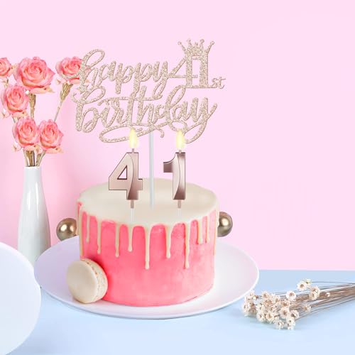 41 Birthday Decorations for Women Including Birthday Sash, Crown/Tiara, Numeral Candles and Cake Topper, 41 Year Old Gifts for Women, Rosegold Party Decor and Supplies