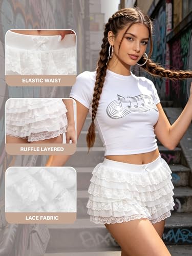 Image of Women Y2K Lace Multi-Layered Bloomers Lolita Ruffle Shorts Cute Mini Skirt | Tiered layers, elastic waist, pumpkin pants, for rave party /country concert /festival