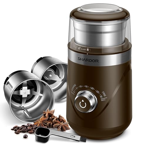 Image of SHARDOR Electric Super Silent Blade Coffee Grinder, Timed Grind Control Rotary Knob, Adjustable Coarse to Fine for Coffee Beans, Spices & Herbs, with 2 Removable Stainless Steel Bowl, Brown