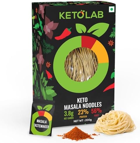 Ketolab Keto Masala Noodles Spaghetti, 200 Gms, 1 Pack, 3.8g Net Carb & 23% High Protein/Serving, Identical to Regular Noodles, Low Carb, High Fibre, Low GI, Keto Diet, Diabetic Friendly