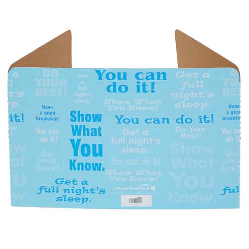 Image of Really Good Stuff Blue Privacy Shields for Student Desks, Set of 12 | 14 inch H x 22 inch W x 16 inch D, Ages 4+, PreK+, Desk Dividers with Motivational Messages