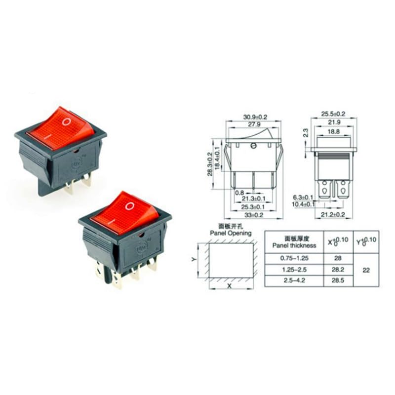 KCD4 Przełącznik kołyskowy ON-OFF 2 pozycje 4 piny/6-pinowe Sprzęt elektryczny z włącznikiem zasilania światła 16A 250VAC/ 20A 125VAC 1 szt. (NIE LED czerwony, 6 pinów)