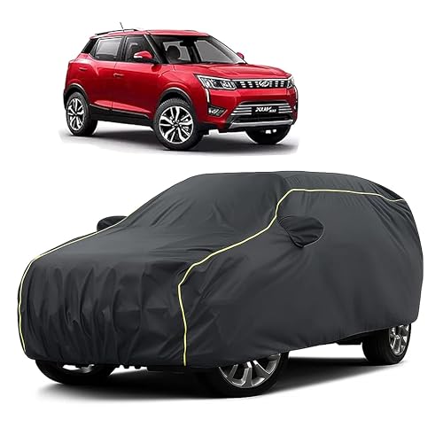 Image of Sulfar 100% Water Resistant Car Body Cover Compatible with Mirror for Mahindra XUV 300 (Triple Stitched, Full Bottom Elastic, Dark Grey Taffeta with Yellow Piping)