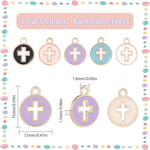 SUNNYCLUE 1 Box 50Pcs Cross Charms Bulk Black White Enamel Cross Charm Flat Round Colorful Crucifix Easter Holiday Hollow Charms for jewellery Making Charms Women DIY Earrings Bracelets Craft Supplies - Image 2