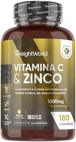 Vitamina C 1000mg e Zinco Integratore Vegano, 1 Compressa al Giorno (6 Mesi di Fornitura), 180 Compresse di Vitamina C e Zinco Bisglicinato, Acido Ascorbico, Senza Magnesio Stearato, Prodotto in UK Generico - integratore