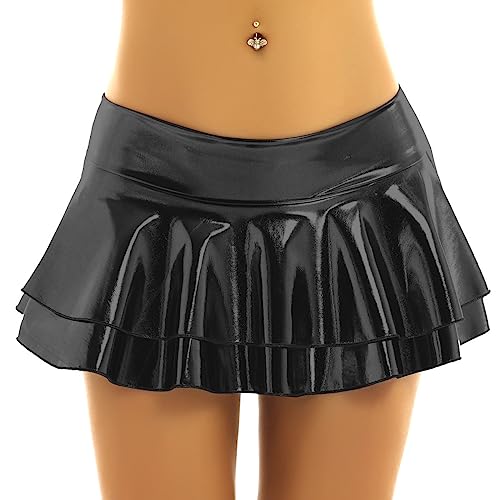 JanJean Women's Shiny Metallic Wet Look Mini Skirt Layered Ruffled Pleated Micro Skirt Rave Clubwear2