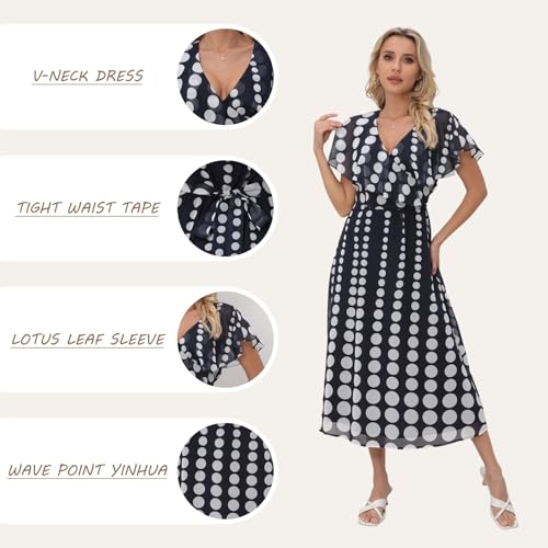 Image of Women's Casual Summer Dot Dress - V-Neck Short Sleeve Boho Dress, Wedding Guest Navy