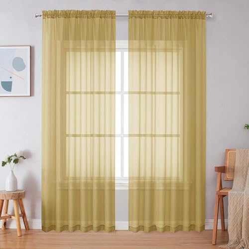 Image of Simplebrand Gold Sheer Curtains 90 Inches Long 2 Panels, Light Filtering Rod Pocket Solid Color Window Sheer Curtain Panels, Elegant Curtains & Drapes for Living Room, Bedroom, 59 inch W x 90 inch L