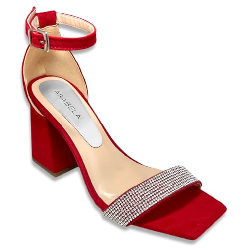 Sandália Feminina Vermelha Camurça Tira Strass Salto Alto Bloco Grosso (Vermelho, BR, Adulto, Numéri