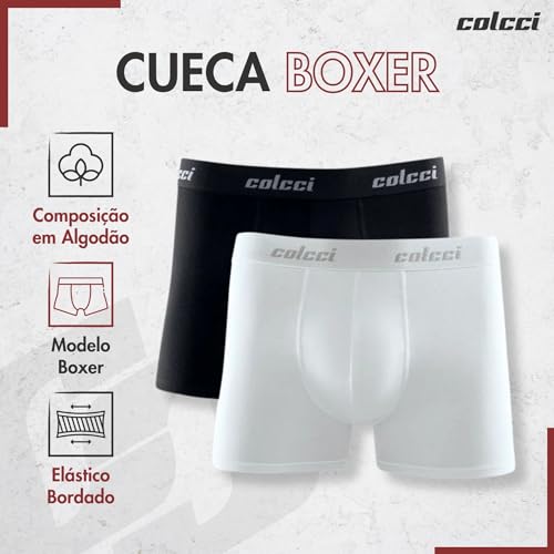 COLCCI Kit 2 Cueca Boxer Masculina Algodão Elástico Bordado Adulto, 1 Branco - 1 Preto, GG
