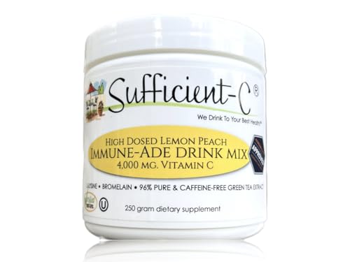 Sufficient-C 4 000 mg. High-Dose Vitamin C Lemon Peach Immune-Ade Drink Mix - 250 gram - Refreshing with Generously Dosed L-lysine Bromelain & 96% Pure Caffeine-Free Green Tea Extract