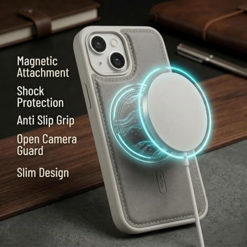 Image of amazon basics Premium PU Leather Case for iPhone 12, MagSafe Compatible Magnetic Ring, Sleek Protective Back Cover - [Gray]