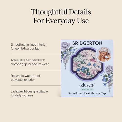 Image of Bridgerton x Kitsch Luxury Satin-Lined Flexi Shower Cap for Women, Wisteria | Shower Caps for Women Reusable Waterproof - Non-slip, Comfortable Quick-dry Hair Shower Cap for All Hair Types