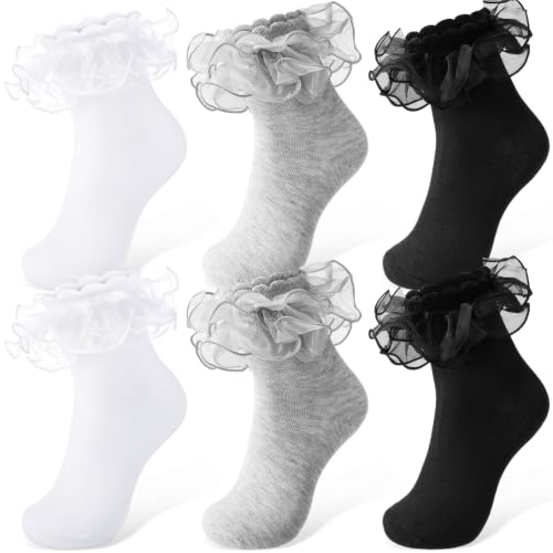 Image of Geyoga 3 Pairs Women Big Ruffle Socks Turn Cuff, Double Lace Ankle Cotton Frilly Socks for Ladies Summer