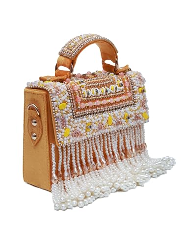 Image of THE TAN CLAN Kiara Beige Flap Over Bag Clutches for women Purses Luxury Evening Handbags for ladies with Handle