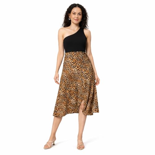 Image of Women's Floral & Animal Print Wrap Skirt - Midi Length A-Line Summer Skirt with Side Tie-Up, Tropical Cheetah Tiger Casual Beach Wear