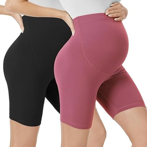 VALANDY Creamlush Maternity Shorts Over Bump Maternity Tights Belly Support Maternity Clothes Buttery Soft Adjustable Pregnancy Pants Pink Cover