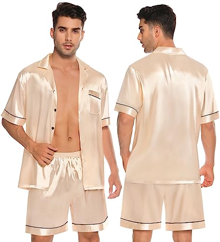 SWOMOG Couples Pajamas Women &Men Silky Satin Sleepwear Short Sleeve Button Down Pj Set Loungewear2