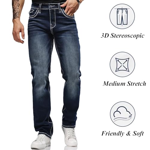 Men's Stretch Denim Jeans Classic Jeans with Embroidered Design, ESDVD Street Style Regular Jeans Relaxed Fit Pants Comfy4
