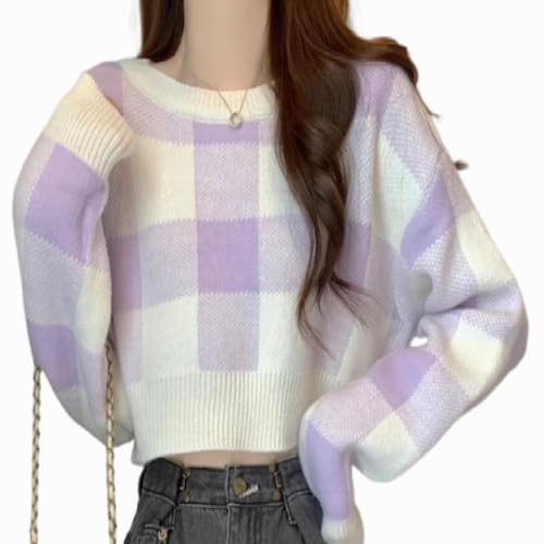 [RREMN] ショート丈 ニット トップス 長袖 チェック 柄 セーター ゆったり レディース 秋冬 (Purple) - RREMN - 商品画像
