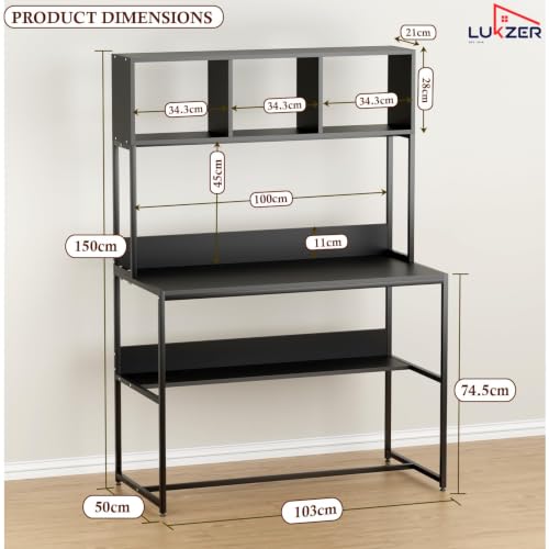 Image of Lukzer Wooden Study Table with Bookshelf & Hutch | MST-011 /Black & Black | Engineered Wood & Metal Office Desk with 3 Storage Shelf for Home | Writing & Computer Table for Laptop (105x103x50 cm)