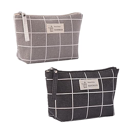 Bolsa de Cosmética Portátil, 2 Piezas Neceser de Lona Impreso, Bolsas de Maquillaje de Lona, con Cremallera Portátil para Viajes, Vacaciones, Camping, Oficina, Escuela(Cuadros Negros / Grises) Cover