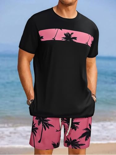 Mens Tropical Print Pocket T-shirt and Shorts Set Summer Beach Casual Wear