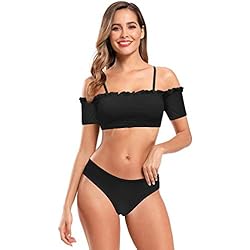 SHEKINI Costume da Bagno Donna Due Pezzi Bandeau Regolabile Fuori-Spalla Elegante Pieghettato Stampati Costumi Donna Due Pezzi Triangolo Fondo Bikini da Spiaggia (M, Nero)