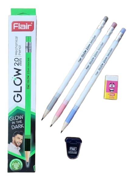 FLAIR 2mm GLOW Mechanical Pencil 2B Extra Dark Strong-Pack of 20| FREE 2mm Sharpener Pro & Eraser| Glow in the Dark| Wood-Free, Refillable, Sharpenable| Non-Toxic| For Daily Writing Use-image-47