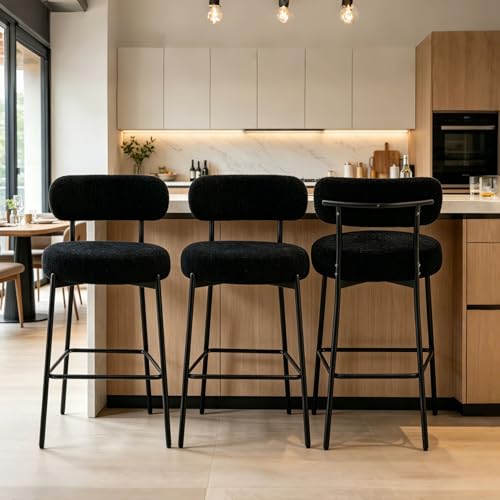 Image of Bar Stools, 30 inch Tall Bar Stools Set of 3, Boucle Upholstered Counter Height Bar Stools, Modern Bar Chairs Metal Frame with Back and Footrest for Kitchen Island,Black Barstools