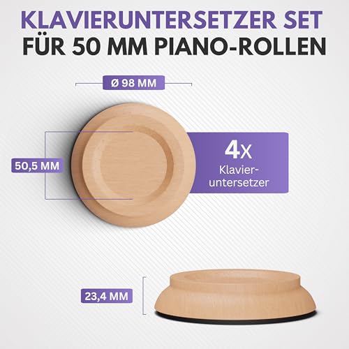 Filzada® 4x Klavieruntersetzer aus Hartholz NATUREICHE - Möbeluntersetzer für Schwere Möbel - hochwertige Piano Caster Cups - Möbel Untersetzer für alle Böden - Klavieruntersetzer Parkett