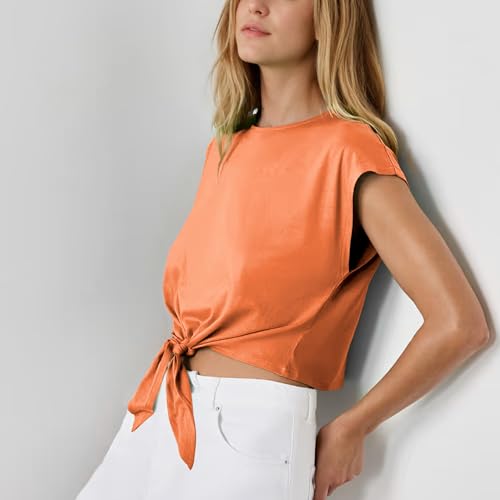 Tank Top for Women Crew Neck Cap Sleeve Tie Front Pullover Ruched T-Shirt Tops Summer Beach Crop Tee Shirts Blouse3