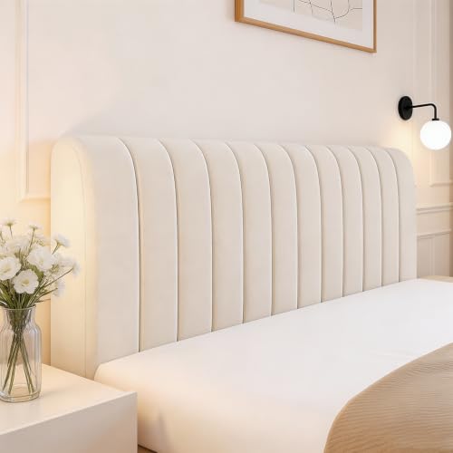 RANJIMA Funda para cabecero de cama de 180 cm, suave y engrosada, a rayas verticales, elástica, protección contra el polvo, lavable para dormitorio, protección y decoración, color beige