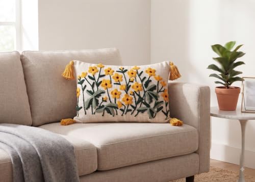 Image of Furnistitchs Boho Rectangle Cushion Cover 12x20 inches | Handmade Decorative Throw Pillow Case | Bohemian Home Decor Sofa Bed Cushion Cover Living Room Bedroom (1, Yellow Lillies, 12x20 inches)