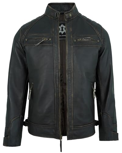 Image of Leather Jacket Men - Real Lambskin Motorcycle Jacket with Snap Tab Collar, Adjustable Waist & Zippered Pockets