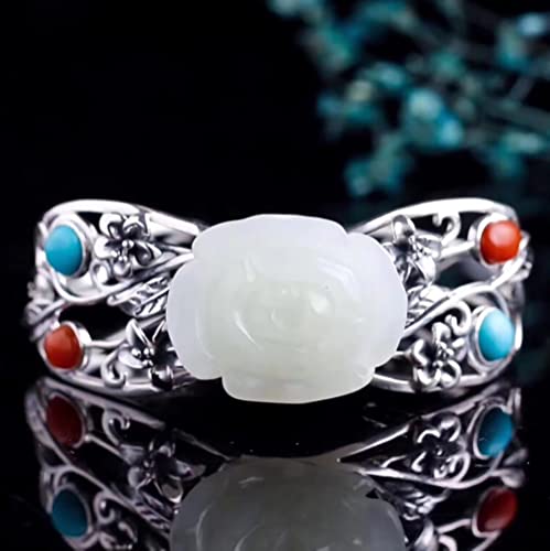 TTDGYYXW Pulseras de Plata S925 para Mujer, Pulsera Natural Tallada en Rosa de Jade hetiano, joyería Vintage para Mujer, Pulsera Abierta con Incrustaciones de ágata Turquesa, Brazalete Hueco con Caja