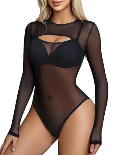 Image of GirlFriend Mesh Bodysuit for Women Long Sleeve Body Suit Sexy Tops Cut Out Leotard See Through Shirts Sheer Rave Outfits