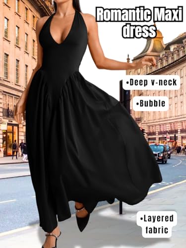 Deep V Neck Dress, Halter Maxi Dresses, Vacation Date Night, Sexy for Women Corset Flowy Wedding Guest Drop Waist2