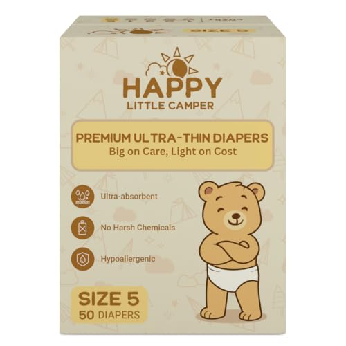 Image of Happy Little Camper Premium Ultra-Thin Diapers, Size 5, 31-35 lbs, 50 Count | Ultra-Absorbent Disposable Baby Diapers for Sensitive Skin | Hypoallergenic, Fragrance-Free, Totally Chlorine Free
