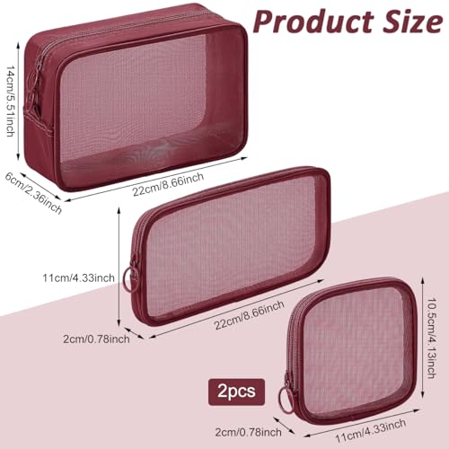 Image of MAYCREATE 4Pcs Zipper Pouches Combo 4 Sizes Mesh Zipper Pouches Makeup Stylish Burgundy Red Cosmetic Bags Cash Bags Nylon Mesh Accessories Organizer