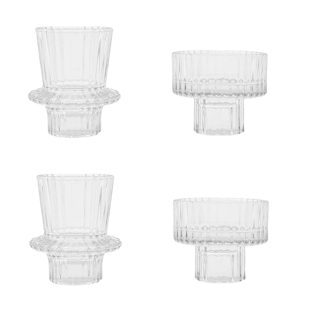 FUWIND 4 Pieces Glass Candle Holders Taper Candlestick Holder 2 Different Sizes Modern Fluted Design Candle Holder for Wedding Decor A