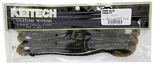 Keitech Mad Wag Long Soft Plastic U-Tail Worm - Green Pumpkin PP, 11 inch