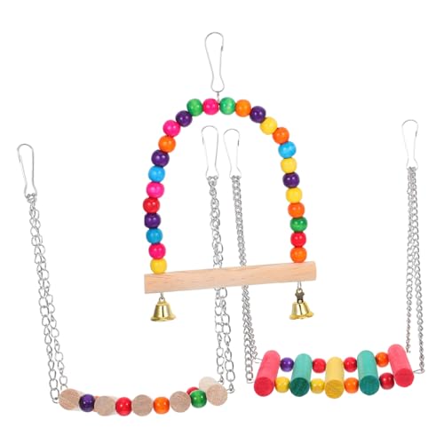 GRIRIW 3Pcs Colorful Wooden Bird Swing Perch with Bells Interactive Chewing and Climbing Accessories for Parrots and Cockatiels Engaging Cage for Exercise and Relaxation