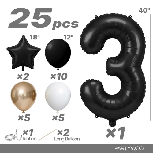 Image of PartyWoo Black Number 3 Balloon 40 Inch 25pcs Black Foil Star White Gold