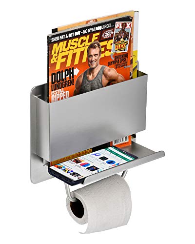 adirhome toilet paper holder with shelf - stainless steel toilet roll holder with phone shelf for all mobile phone - bathroom rack, magazine organizer - tissue paper roll dispenser (stainless steel)