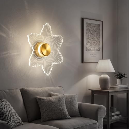 Image of Lampmaster Zyra StarLeaf LED Wall Light | 23cm Acrylic Decorative Lamp | 3 Color Changing | Energy-Efficient | Modern Wall & Ceiling Light for Living Room, Bedroom, Hallway | Gold | 1 Year Warranty