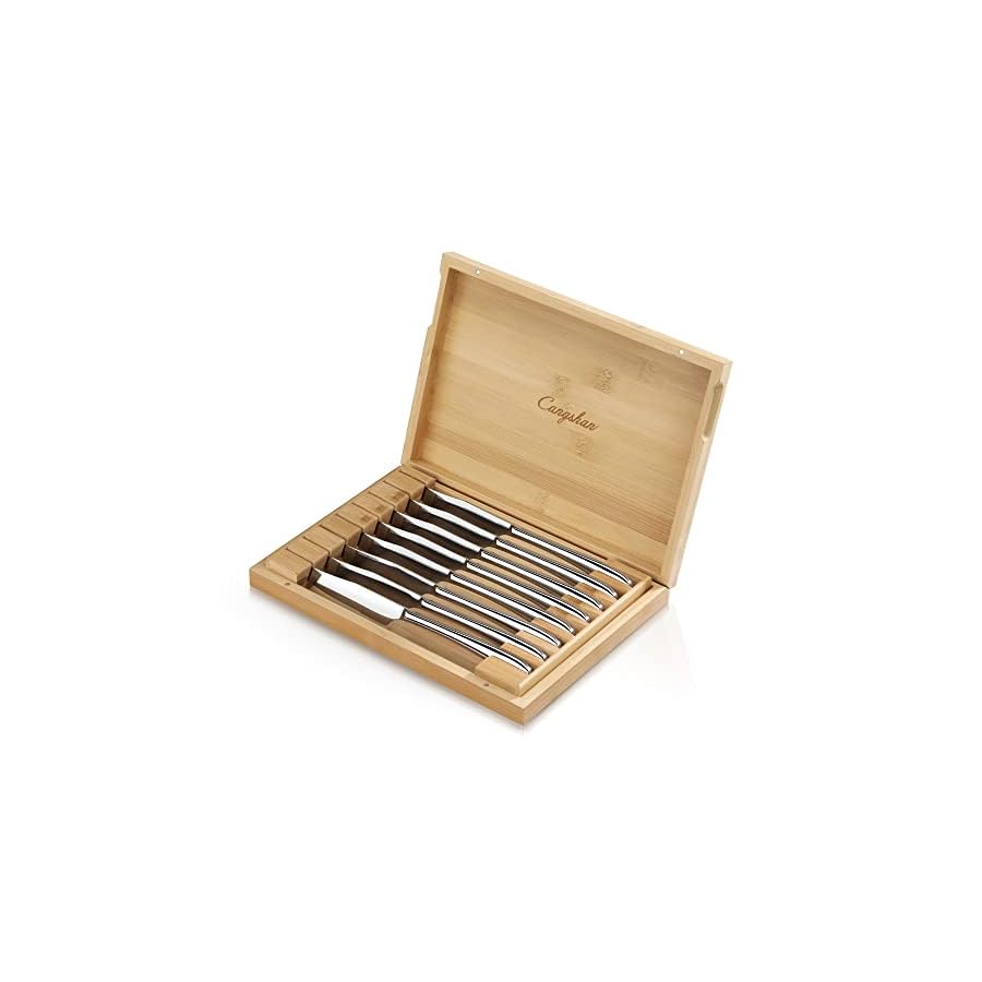Cangshan 1027044 Rain II Series 8-Piece 420 Stainless Steel Forged Steak Knife Set in Bamboo Storage Chest